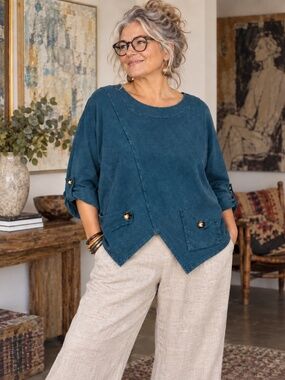 SAGA Made in Italy Teal Cotton Lagenlook Asymmetrical Tunic Top